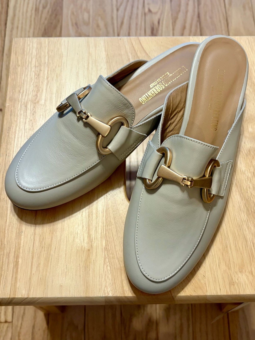 Italian Leather Slip-On Mule with Gold Horsebit - Cream